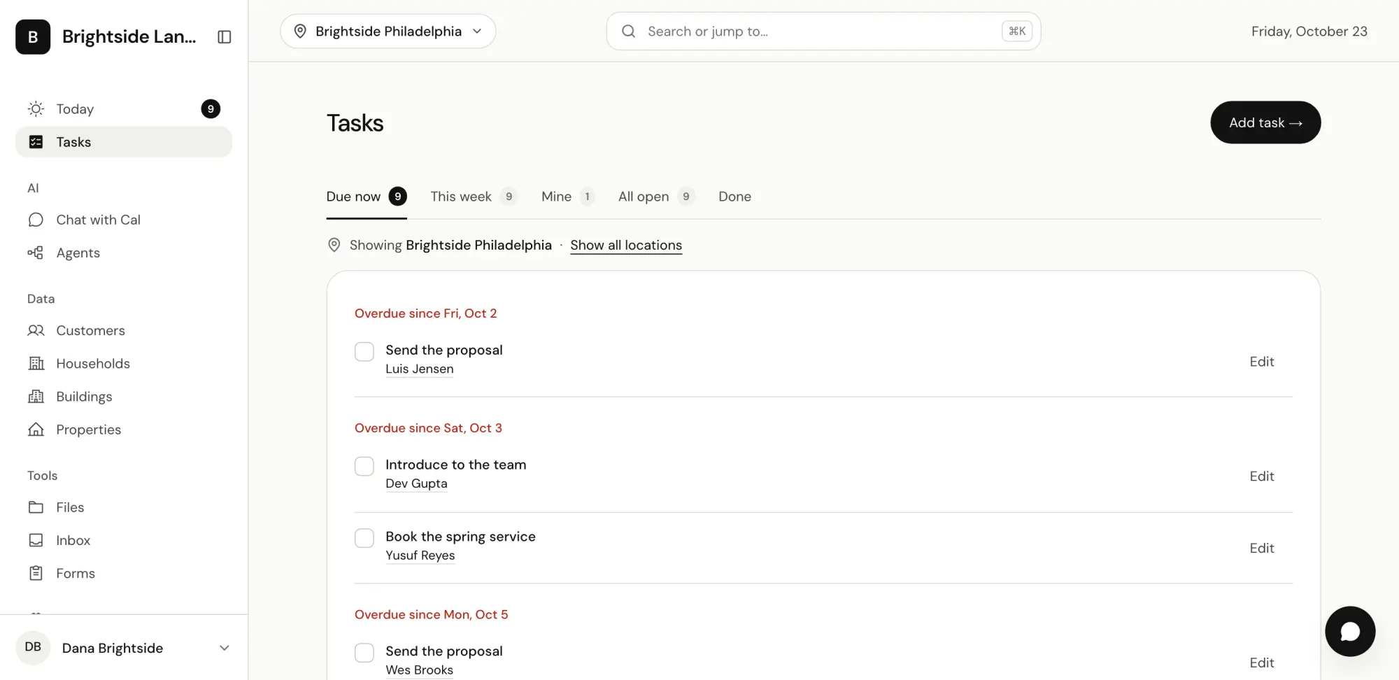 CalOS Tasks: overdue follow-ups grouped by the day they were due.